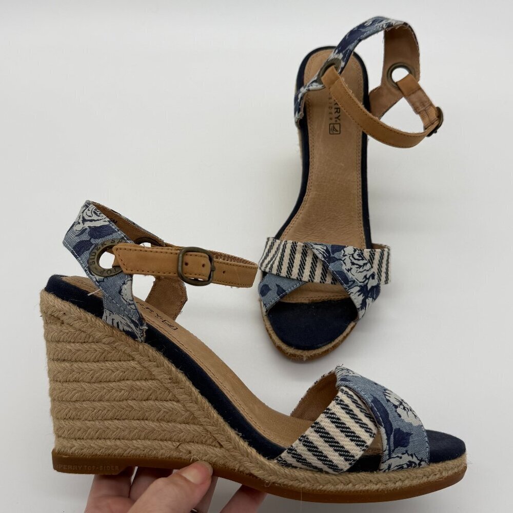 NWOT Sperry Top-Sider Liberty Blue Saylor Espadrille Wedge Sandals Floral 6.5